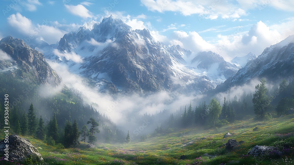 A majestic mountain range towers over a misty valley, with wildflowers blooming in vibrant colors. A majestic mountain range towers over a misty valley, with wildflowers blooming in vibrant colors.