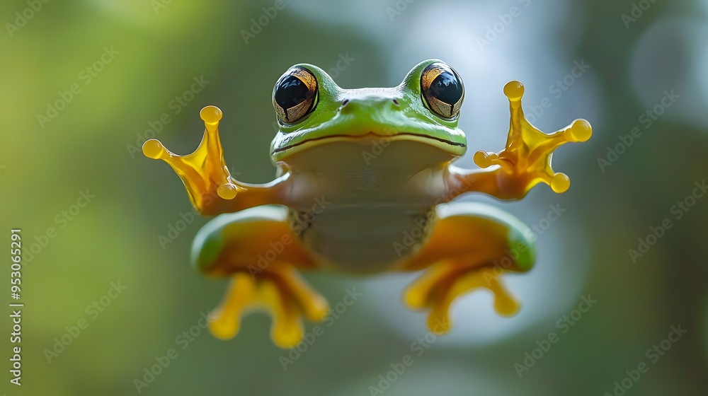 Green Frog Leaping in Mid-Air With Wide Open Eyes Green Frog Leaping in Mid-Air With Wide Open Eyes
