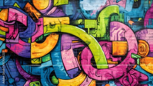 Graffiti mural in an urban setting with bright colors and diverse people bold lines and vibrant 3D-rendered elements creating an energetic street scene