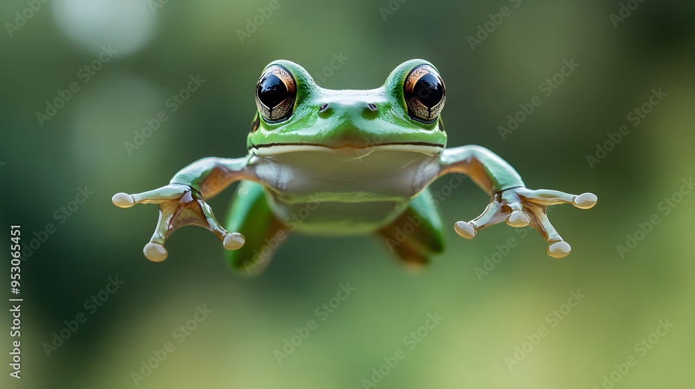 Green Frog Leaping in Mid-Air With Wide Open Eyes Green Frog Leaping in Mid-Air With Wide Open Eyes
