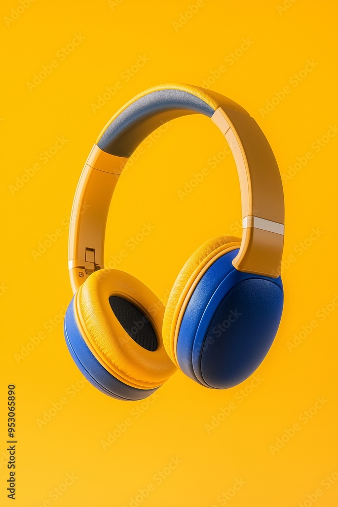 yellow and blue headphones floating in the air yellow and blue headphones floating in the air