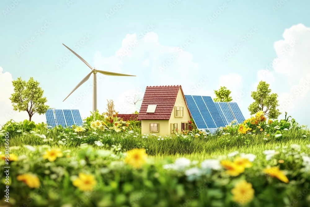 Green energy harvest with windmill and solar panels for eco-green sustainable concept , ai Green energy harvest with windmill and solar panels for eco-green sustainable concept , ai