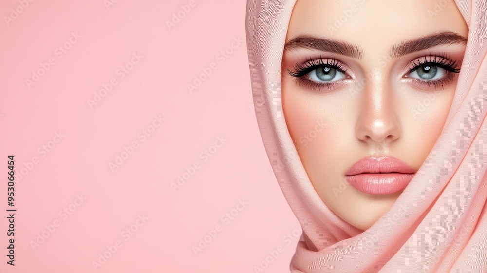 Closeup Portrait of Beautiful Woman with Pink Hijab and Makeup Closeup Portrait of Beautiful Woman with Pink Hijab and Makeup
