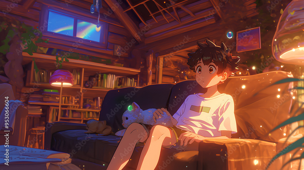 anime boy sitting on sofa, Sofa is in a cozy living room in a rustic log cabin anime boy sitting on sofa, Sofa is in a cozy living room in a rustic log cabin