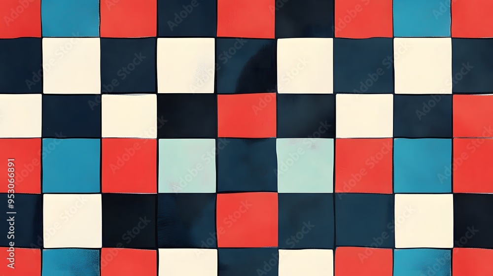 Abstract Checkerboard Pattern with Red Blue Black and White Squares Abstract Checkerboard Pattern with Red Blue Black and White Squares