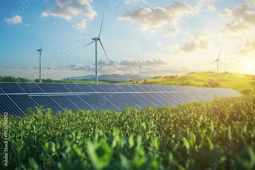 Green energy harvest with windmill and solar panels for eco-green sustainable concept , ai