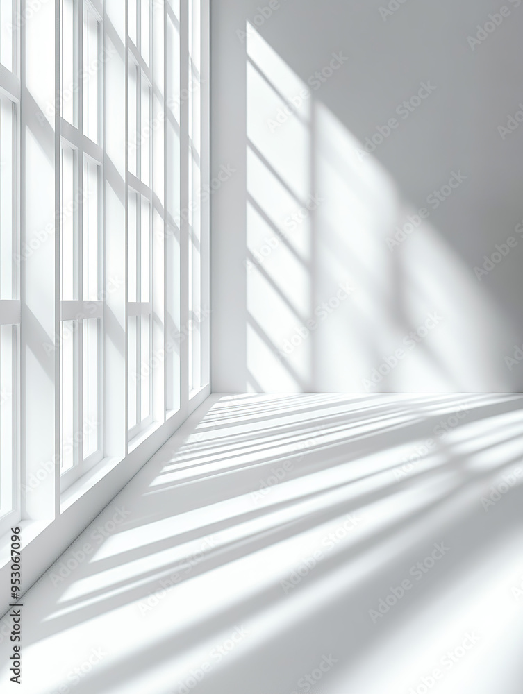 Abstract white interior background with shadows from a window, a modern architecture concept Abstract white interior background with shadows from a window, a modern architecture concept