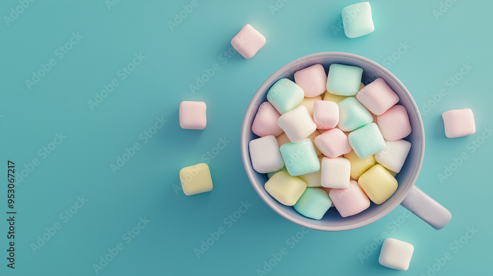A mug of colorful marshmallows is on a blue background. The marshmallows are in different colors and are scattered around the bowl A mug of colorful marshmallows is on a blue background. The marshmallows are in different colors and are scattered around the bowl