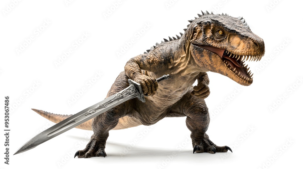 Fototapeta premium Dinosaur Holding Sword Prehistoric Creature Fantasy Monster