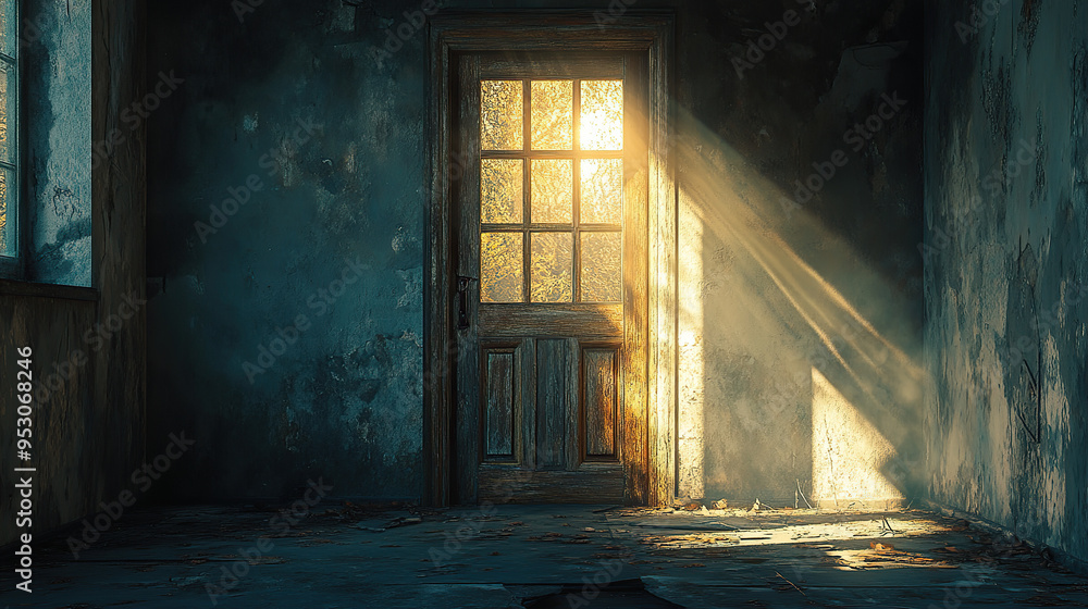 An old wooden door is open, casting shadows on the wall behind it An old wooden door is open, casting shadows on the wall behind it