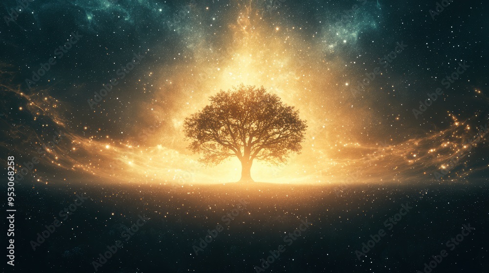 Tree Silhouetted Against a Starry Night Sky with Bright Lights Tree Silhouetted Against a Starry Night Sky with Bright Lights