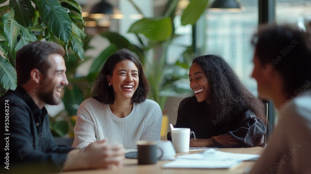 Fototapeta premium four people sitting around a table in an office while laughing, in the style of spanish school, youthful emotional energy.