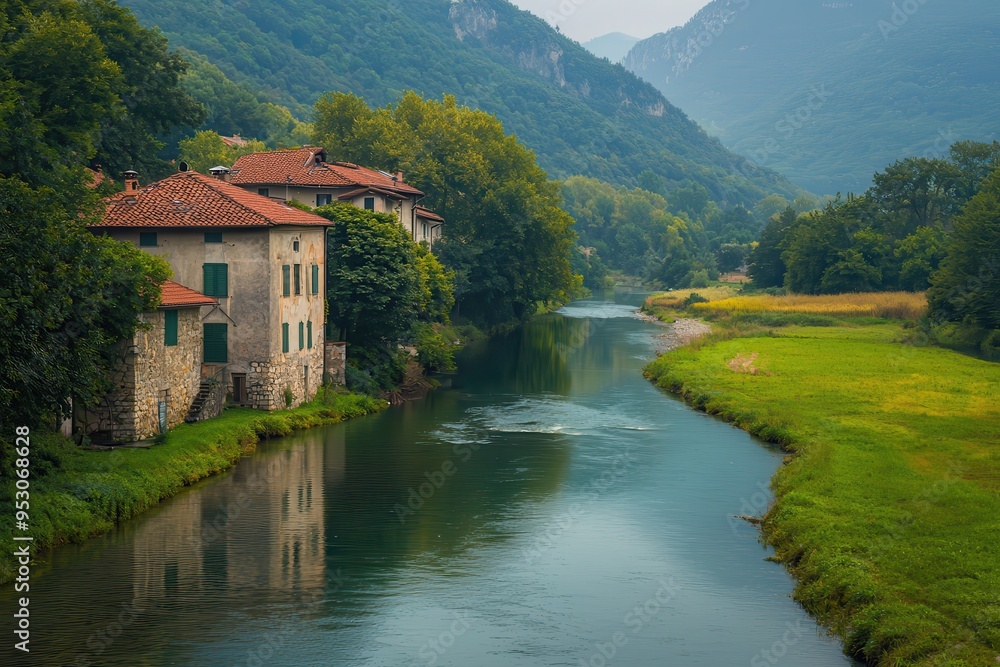 A calm river flowing through a small village during Assumption Day in Italy. A calm river flowing through a small village during Assumption Day in Italy.
