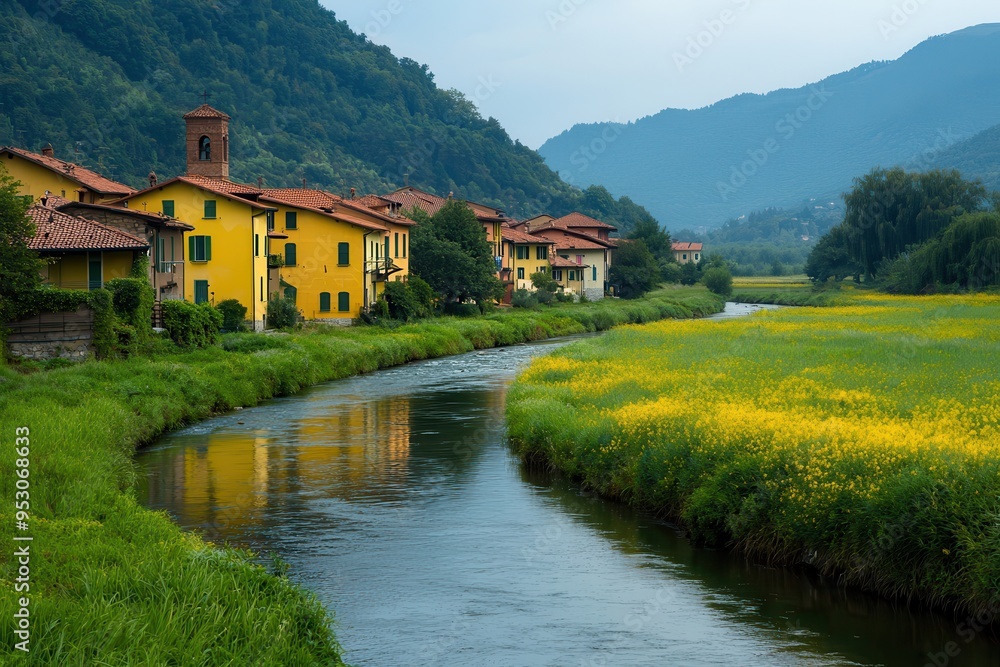 Fototapeta premium A calm river flowing through a small village during Assumption Day in Italy. 