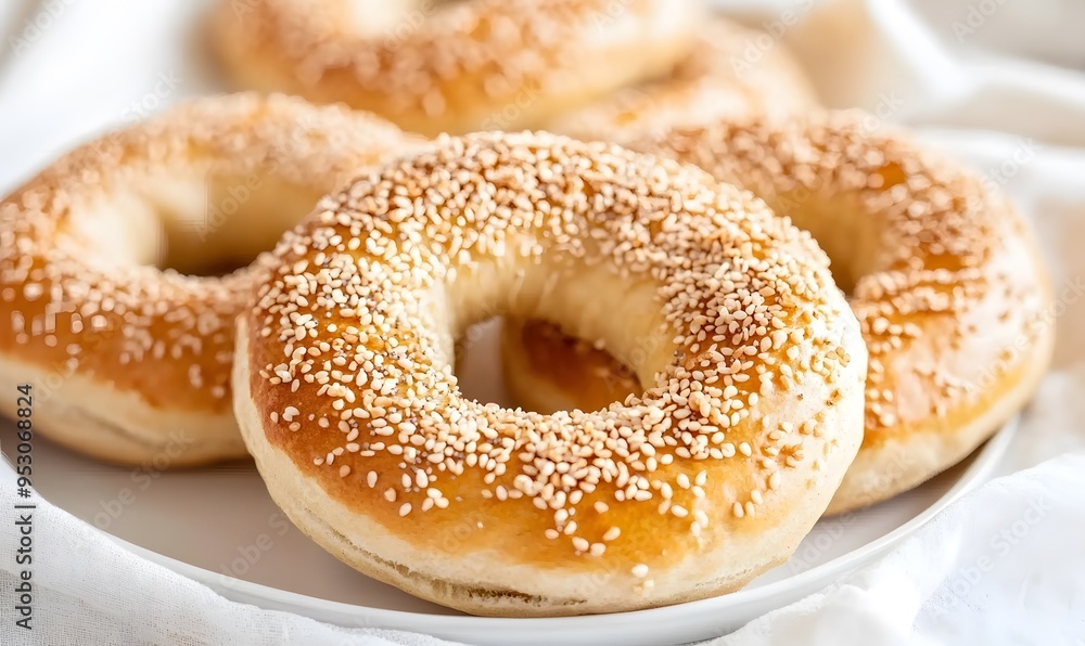 Sesame bagels served on a white plate on a simple cloth, Generative AI Sesame bagels served on a white plate on a simple cloth, Generative AI