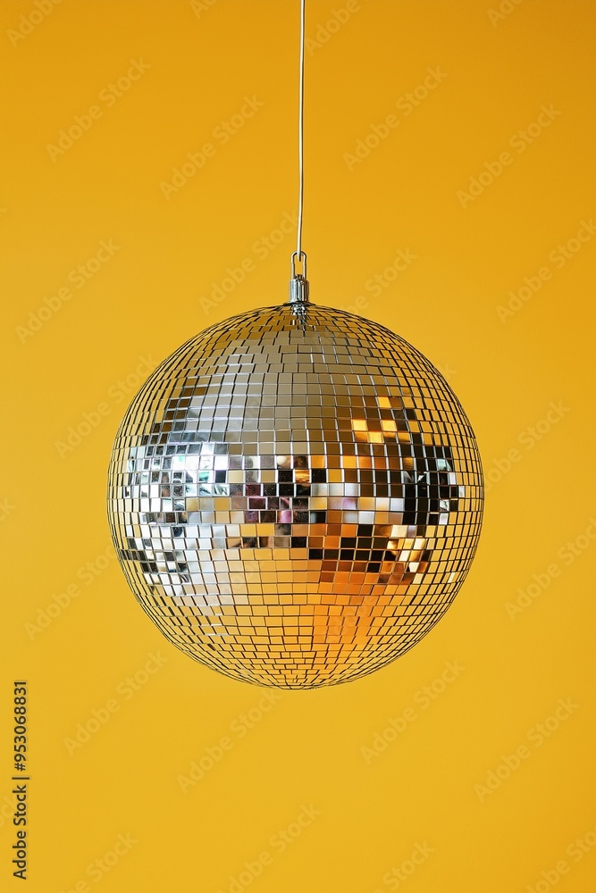 Fototapeta premium Silver disco ball hanging with lighting reflections on yellow background