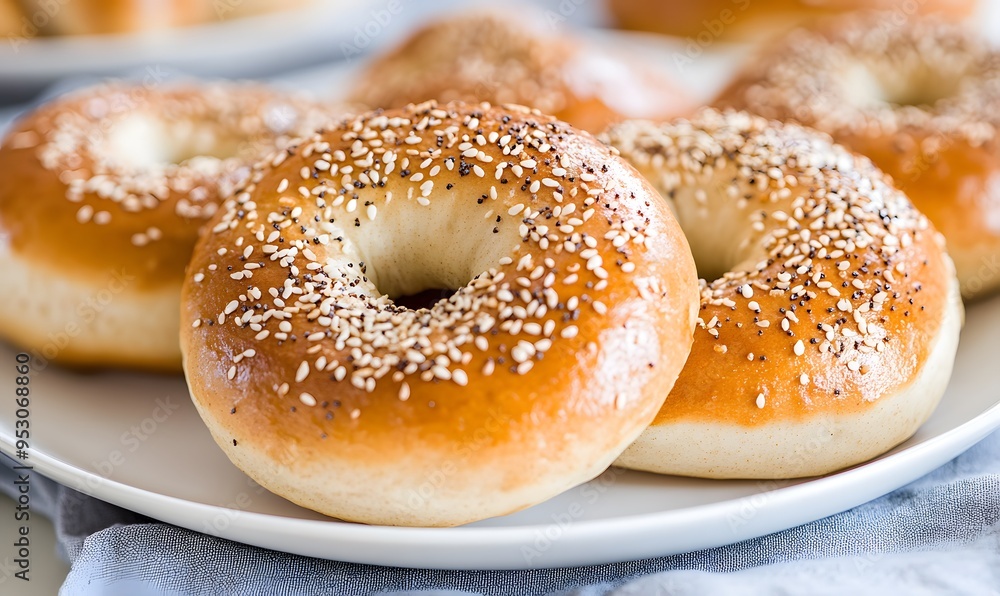 Sesame bagels served on a white plate on a simple cloth, Generative AI Sesame bagels served on a white plate on a simple cloth, Generative AI