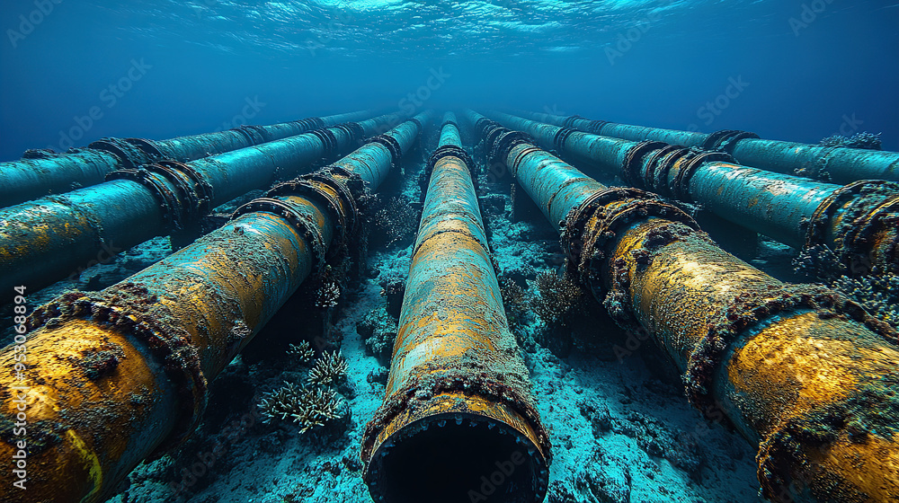 An underwater view of an oil pipeline system in the ocean, An underwater view of an oil pipeline system in the ocean,