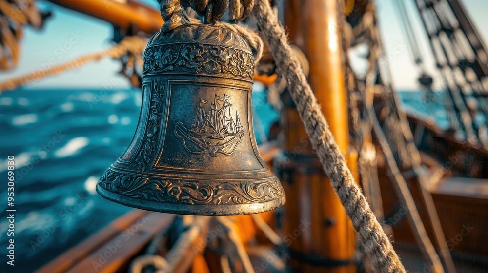 Ornate Ship Bell with Nautical Design on Deck