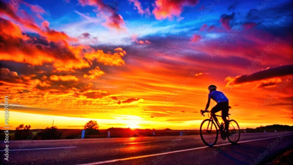 Fototapeta premium Silhouette of Cyclist Riding Towards a Vibrant Sunset