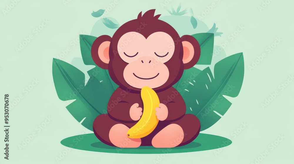 A playful brown monkey dreams of a jumping banana in a vibrant forest, captured in a charming flat cartoon style. A playful brown monkey dreams of a jumping banana in a vibrant forest, captured in a charming flat cartoon style.