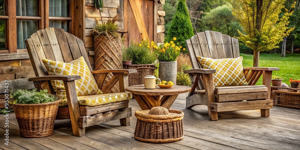 Obraz premium Rustic Wooden Adirondack Chairs Woven Seating Plots Bamboo Wood Style Farmhouse Decor Midday Yellow Hues