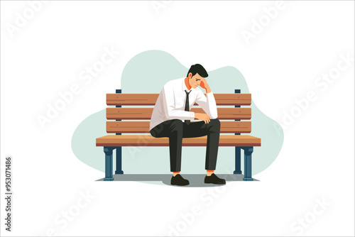 Man sad, depression. Lonely man sitting on the park bench. Young male character holding his head. Cloud of sad thoughts. Flat vector illustration.