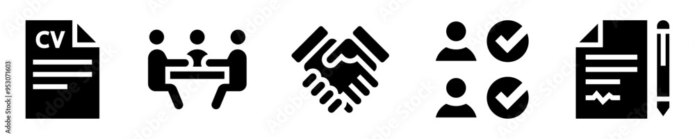 Hiring process icons set. Resume, interview, handshake, candidate selection, employment contract. Solid icons. Vector illustration Hiring process icons set. Resume, interview, handshake, candidate selection, employment contract. Solid icons. Vector illustration