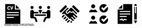 Hiring process icons set. Resume, interview, handshake, candidate selection, employment contract. Solid icons. Vector illustration