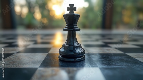 A black bishop chess piece stands alone in front of a rounded mirror reflecting white, representing duality and contradiction in a minimalist background.