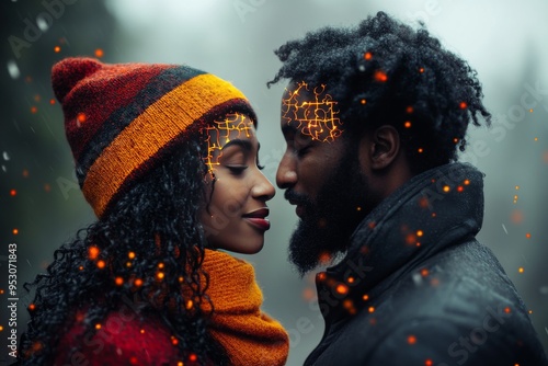 Winter Neural Connection A Couples Cognitive Bond Illuminated by a Warm Brain Visualization in a Cold Wintry Setting photo