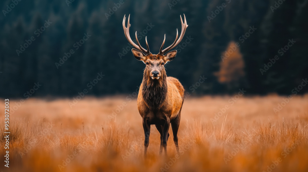 A majestic elk with large antlers stands proudly in an open autumn field with a dark forest background. A majestic elk with large antlers stands proudly in an open autumn field with a dark forest background.