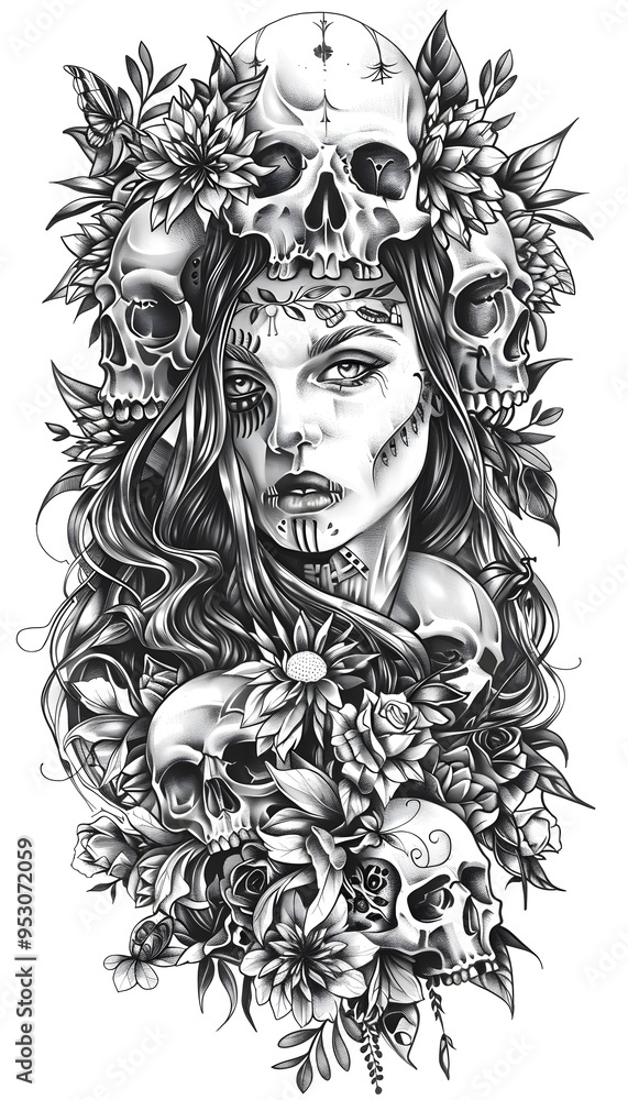 Fototapeta premium Tribal Womans Head Surrounded by Skulls tattoo flash styles illustration