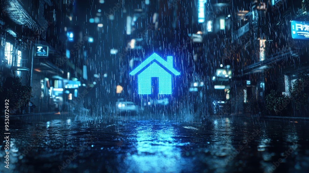 Obraz premium Neon Home Icon in Rainy City Night