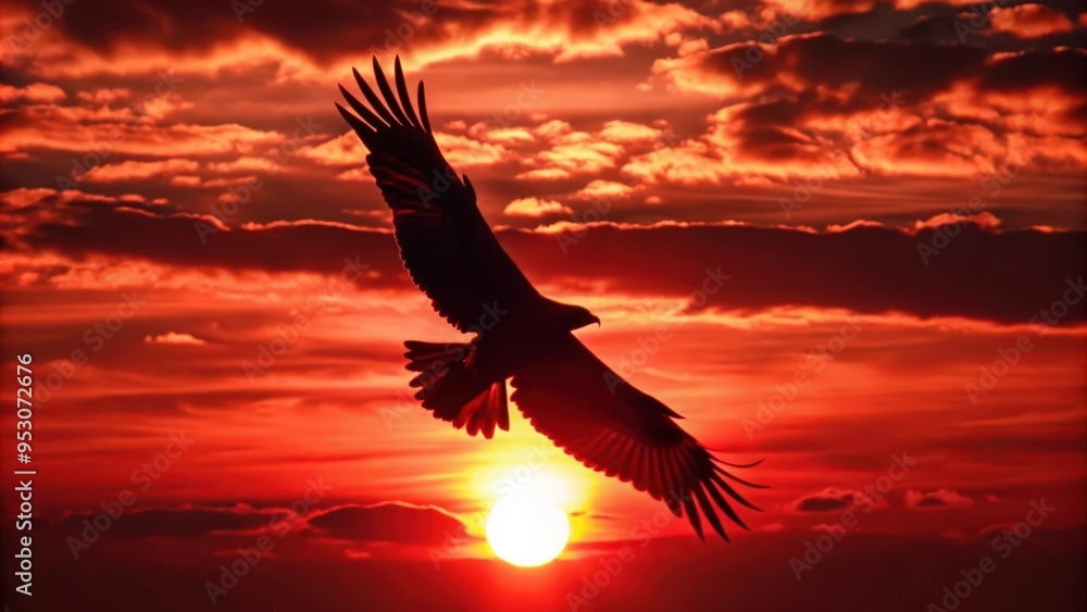 Obraz premium Silhouette of a Hawk Soaring Through a Fiery Sunset Sky