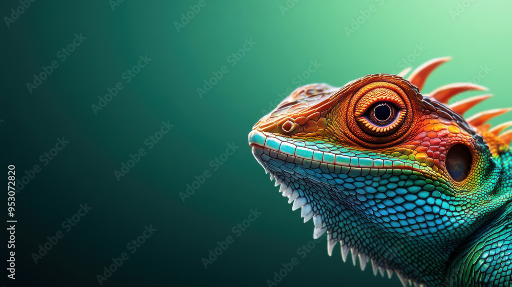 Detailed close-up of a vibrant iguana showing its colorful scales and intricate facial features against a green background. Detailed close-up of a vibrant iguana showing its colorful scales and intricate facial features against a green background.