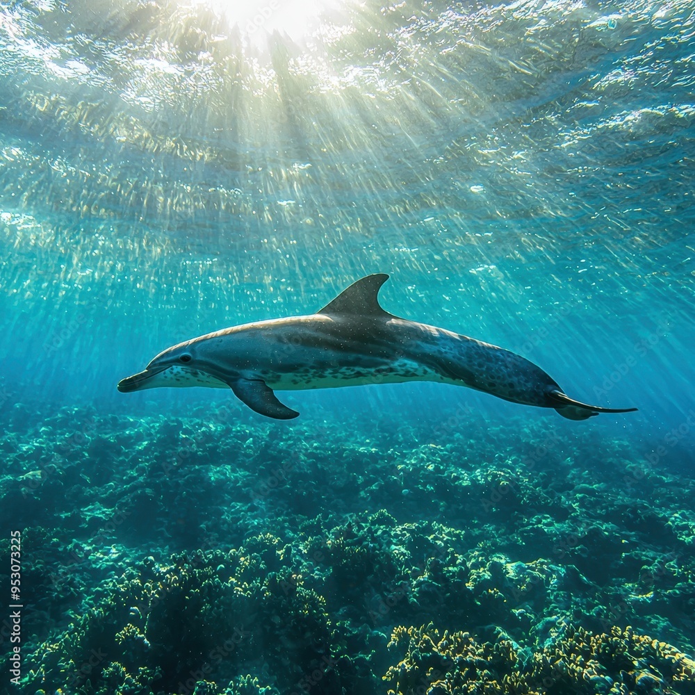 Dolphin Swimming in Sunlight Through Coral Reef Dolphin Swimming in Sunlight Through Coral Reef