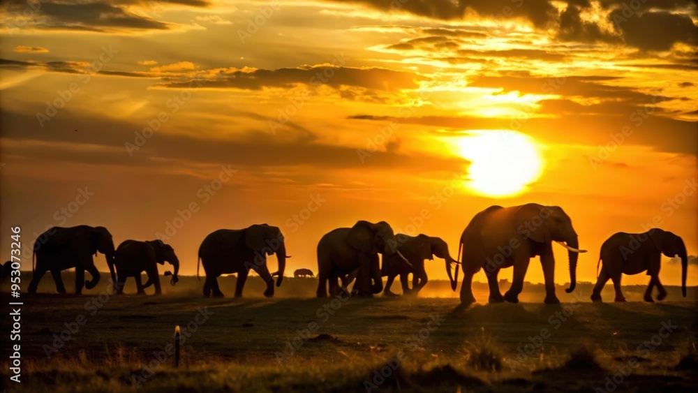 Fototapeta premium Elephant Herd Silhouetted Against a Vibrant Sunset