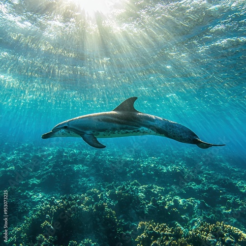 Dolphin Swimming in Sunlight Through Coral Reef