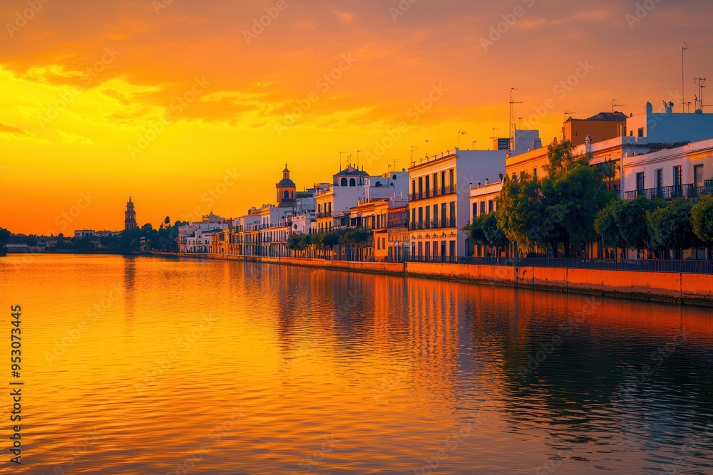 Obraz premium Golden hour in a lakeside town during Feria de Abril in Seville, Spain.