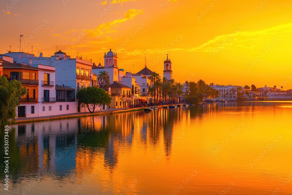 Naklejka premium Golden hour in a lakeside town during Feria de Abril in Seville, Spain.