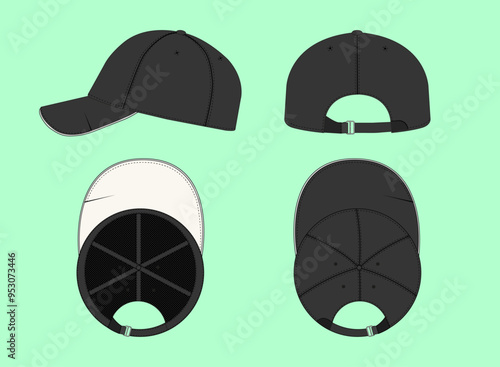Sports Cap black and white, front, back, side, top view Flat Sketch Outline Vector Fashion Illustration Template.