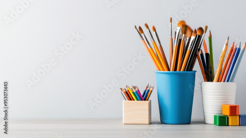 A variety of colorful art supplies including pencils, brushes, and markers organized in containers on a desk against a white background.