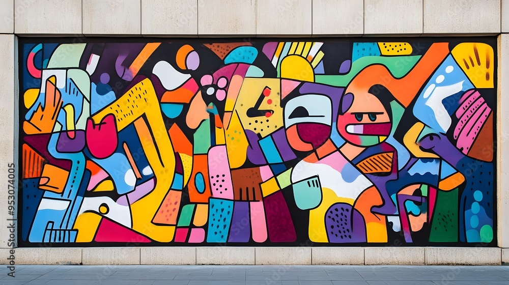 Graffiti mural in an urban setting with bright colors and diverse people bold lines and vibrant 3D-rendered elements creating a dynamic street scene Graffiti mural in an urban setting with bright colors and diverse people bold lines and vibrant 3D-rendered elements creating a dynamic street scene
