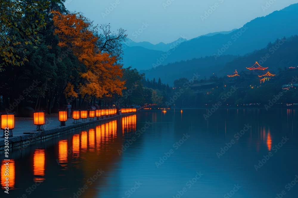 Lanterns glowing softly on a calm autumn evening during Mid-Autumn Festival in China.
Lanterns glowing softly on a calm autumn evening during Mid-Autumn Festival in China.