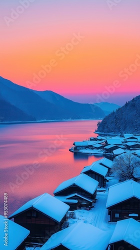 Mild winter sunset over a quiet village during Setouchi Triennale in Japan. photo