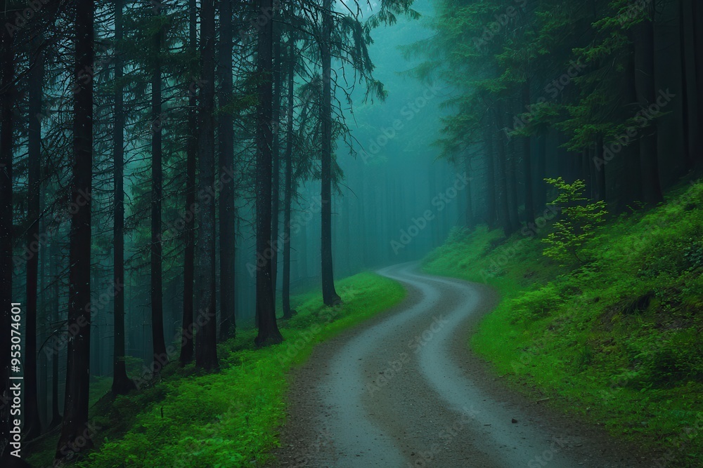 Naklejka premium Misty forest path during Sairme Toba Festival in Georgia