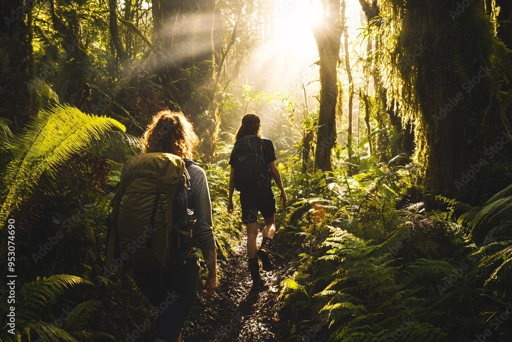 A young couple wanders through a vibrant forest, embracing natures splendor beneath the canopy of towering trees and gentle sunlight. A young couple wanders through a vibrant forest, embracing natures splendor beneath the canopy of towering trees and gentle sunlight.