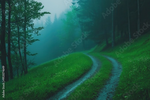 Misty forest path during Sairme Toba Festival in Georgia photo