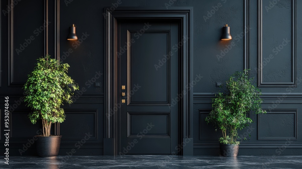 Fototapeta premium 3D render of a closed door in a dark room with a black background modern minimal architectural interior element.